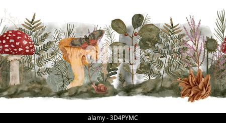 champignons aquarelles fantaisistes et fougères détaillés amanita toadstool à côté des espèces coiffées d'orange, sol mousseline, pomme de pin, délicate aquarelle dessinée à la main isolé frontière horizontale sans couture Banque D'Images