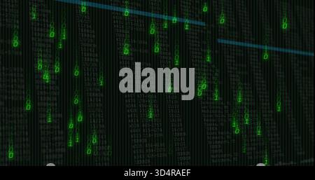 Terminal vertical en cascade de chiffres binaires verts avec colonnes de code gris et ligne cyan Banque D'Images