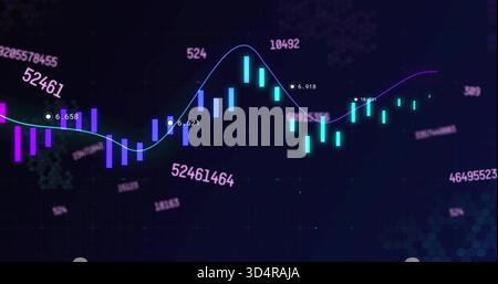 Affichage des barres en chandelier montrant la ligne de tendance et les marqueurs numériques avec de grandes superpositions sur le tableau de bord Banque D'Images