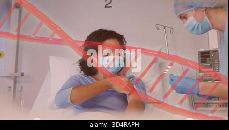 Administration clinicien dans les gommages masque gants injectant femme assise dans le service, avec seringue, ADN rouge Banque D'Images