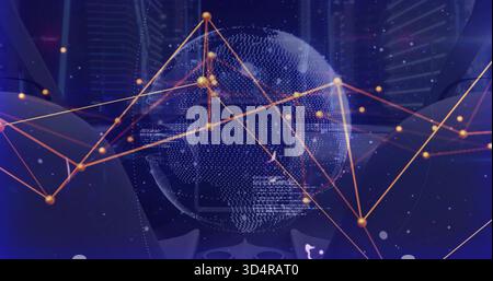 Globe en pointillés rotatif pulsant les lignes réseau orange-or dans le concentrateur de données, montrant les nœuds et les panneaux Banque D'Images