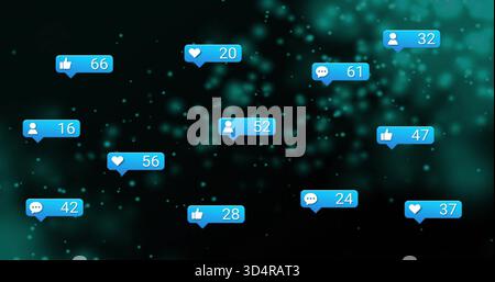 Bulles de notification bleues flottantes se déplaçant sur un dégradé bleu sarcelle foncé affichant des badges numériques et des icônes Banque D'Images