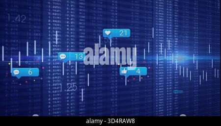 Bulles de notification bleues flottantes montrant des badges numériques sur le tableau de bord de trading, avec des chandeliers Banque D'Images