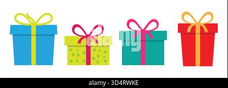 Ensemble coloré de vecteur de boîte cadeau. Collection de cadeaux avec des rubans pour anniversaire, Noël, fête de vacances. L'illustration des paquets surprise isole Illustration de Vecteur