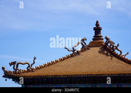 Gros plan sur le style tibétain Xumi Fushou Temple Miaogao Zhuangyan Hall à Chengde avec des dragons géants féroces sur le toit - Chine Banque D'Images