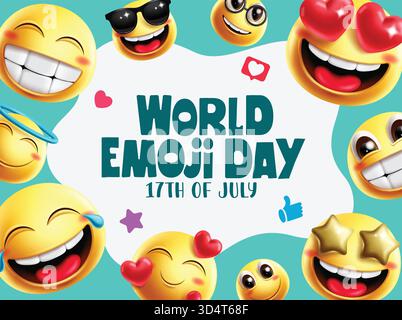 Conception de modèle de clipart de jour Emoji mondial. 17 juillet jour Emoji carte de voeux clip art avec caractère mignon emojis heureux dans un fond abstrait pour social Illustration de Vecteur