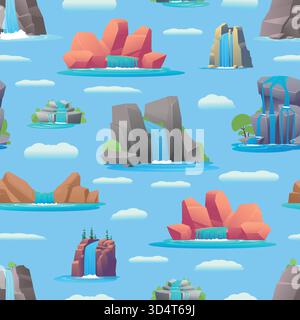 Pics montagneux avec cascades à motif sans couture. L'eau coule vers le bas. Impression répétée. Aqua ruisseau sur des pierres de falaise. Rochers de nature sauvage. Creek l Illustration de Vecteur