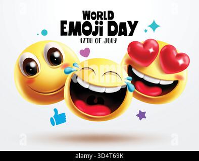 World Emoji Day carte de voeux clipart design. World Emoji Day clip art bannière avec heureux, souriant, en amour et riant personnage mignon d'émoticône de rire Illustration de Vecteur
