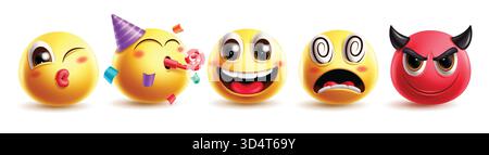 Jeu de clipart de personnage de baiser de lèvre emoji. Emojis 3d mignon kiss visage clip art avec émoticône d'anniversaire, reconnaissant, heureux, étourdi, mal et rouge monstre graphique Illustration de Vecteur
