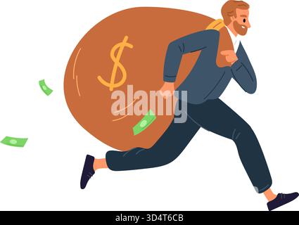 Homme d'affaires heureux court avec grand sac de papier-monnaie. Homme faisant du profit. Succès en affaires. Voleur s'échappant avec un sac de billets de banque. Revenu de placement. F Illustration de Vecteur