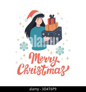 Noël, joyeuses fêtes conception de carte de voeux avec la fille de style Manga portant le chapeau de Père Noël tenant des boîtes-cadeaux. Joyeux Noël lettrage. Illustration vectorielle de Noël. style anime, design plat. Illustration de Vecteur