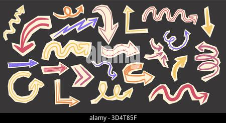 Ensemble de scrapbook avec découpe de flèche de papier déchiré gribouillage griffonnage éléments. Y2K Swirl, haut et bas, collection de flèches droite et gauche. Illustration vectorielle Illustration de Vecteur