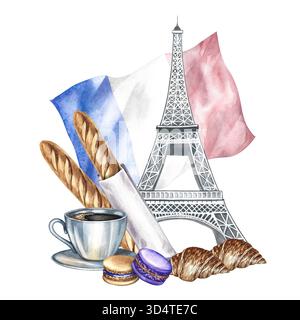 Pâtisseries françaises. Illustration d'aquarelle dessinée à la main. Baguette française, macarons, croissant, tasse de café, et la Tour Eiffel sur fond o Banque D'Images