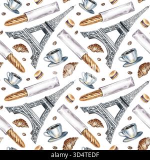 Motif sans couture avec des pâtisseries françaises. Illustration d'aquarelle dessinée à la main. Baguette française, biscuit aux amandes, croissant, Tour Eiffel. Pour le design de café, Banque D'Images