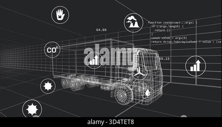 Affichage du modèle tracteur-remorque filaire dans un entrepôt virtuel, affichage des badges CO2 et des relevés Banque D'Images