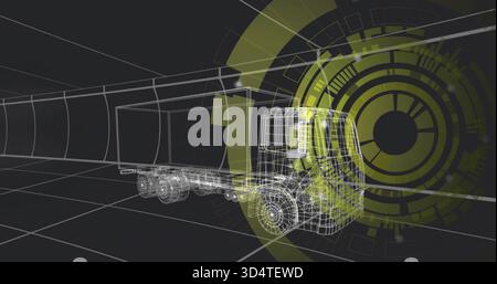 Semi-camion filaire rotatif montrant la topologie des roues et du châssis sur le plancher de la grille, les recouvrements HUD Banque D'Images