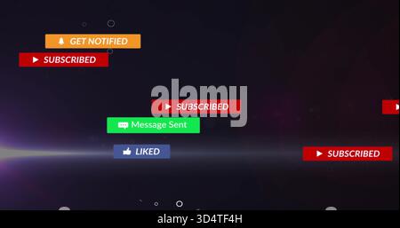 Affichage des badges de notification flottants sur un dégradé violet foncé-noir, avec Play Bell chat pouces vers le haut Banque D'Images