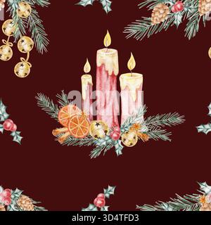Motif de fond rouge avec des bougies de l'Avent, des branches de pin, des oranges et du houx, illustration d'aquarelle. Idéal pour emballer du papier, du tissu d'hiver, des cartes ou des produits de décoration de Noël. Banque D'Images
