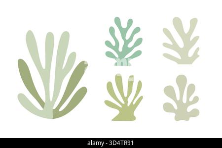 Ensemble de cinq formes botaniques abstraites vertes sous diverses formes sur fond blanc Illustration de Vecteur