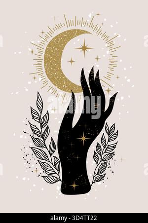Main noire atteignant un croissant de lune doré entouré d'étoiles et de branches feuillues Illustration de Vecteur