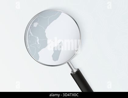 Carte des Comores sous loupe avec drapeau national superposé. L'image représente la focalisation géographique, l'identité nationale et l'exploration. Illustration de Vecteur