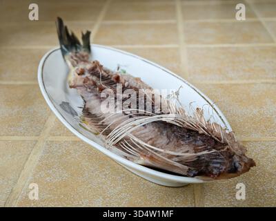 Hareng à moitié rongé sur un plat de porcelaine oblong sur un comptoir de carreaux de céramique Banque D'Images
