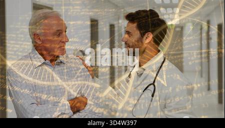 Clinicien réconfortant dans une blouse de laboratoire mettant la main sur un senior dans le couloir de la clinique, superposition ADN stéthoscope Banque D'Images