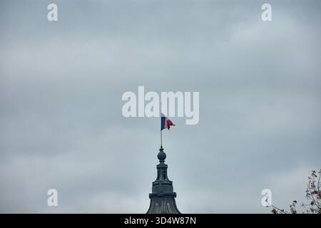 Le drapeau français vole en Berne au-dessus du dôme du Grand Palais à Paris, se démarquant contre une structure de fer et de verre par un jour gris. Banque D'Images