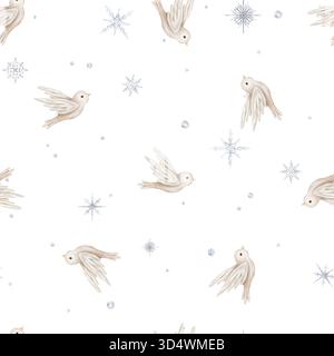 Aquarelle répétition sans couture motif avec illustration d'un oiseau volant de la paix avec l'aile déployée et les flocons de neige. Motif oiseau dessiné à la main symbole de Banque D'Images