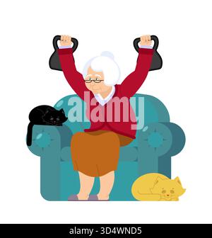 Une femme âgée (grand-mère) assise sur un canapé et soulevant des kettlebells (гири) ou des poids lourds. Concept de vieillissement actif, fitness, santé, stren Illustration de Vecteur