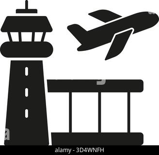Tour de contrôle de l'aéroport avec icône solide d'avion. Symbole de silhouette de gestion de l'aviation, de contrôle du trafic aérien et d'exploitation aéroportuaire. Voyage, vol Illustration de Vecteur