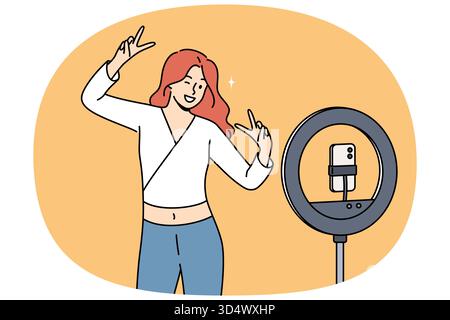 Femme blogueuse danse devant le téléphone sur trépied avec lampe annulaire, vidéo prête à l'emploi pour les réseaux sociaux. Vidéo blogueuse fille sourit tout en diffusant en direct pour les abonnés et les fans d'Internet. Illustration de Vecteur