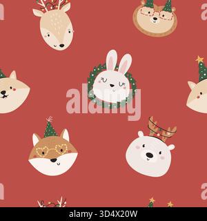 Motif sans couture de têtes d'animaux de Noël mignons. Cerf festif, lapin, ours polaire, renard, loup sur fond rouge. Banque D'Images