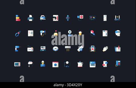 Icônes de style plat dégradé définies avec divers appareils électriques, appareils ménagers intelligents, appareils électroniques et gadgets numériques sur l'illustration vectorielle de fond d'interface utilisateur sombre. Illustration de Vecteur