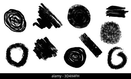 Collection de coups de pinceau grunge noir dessinés à la main, textures et formes. Cet ensemble vectoriel abstrait comprend divers daubs d'encre artistiques, des cercles Illustration de Vecteur