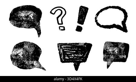 Ensemble d'éléments vectoriels dessinés à la main comprenant des bulles de parole, un point d'interrogation et un point d'exclamation. Ces icônes présentent une texture rugueuse et vieillie Illustration de Vecteur