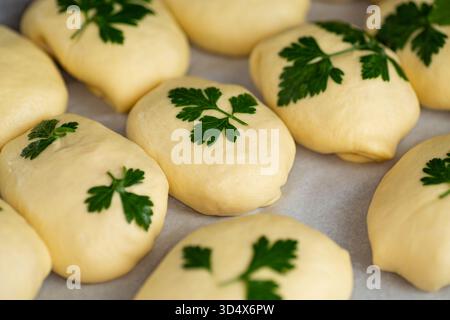 Pains de boulangerie maison levant sur du papier parchemin avec des herbes. Banque D'Images