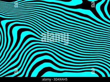 Motif turquoise néon hypnotique et noir de rayures déformées créant une illusion optique dynamique. Banque D'Images