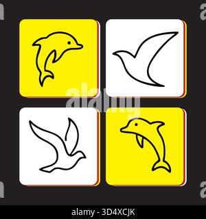 Ensemble de quatre icônes avec dauphin et oiseau sur fond jaune et blanc Illustration de Vecteur