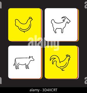 Icônes vectorielles d'animaux de ferme avec des dessins de chèvre de vache de coq et de poulet Illustration de Vecteur