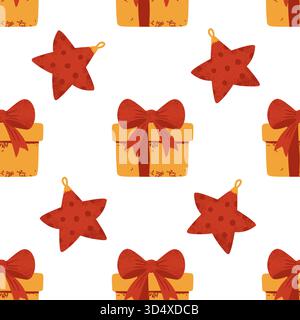 Motif de vacances sans couture rétro avec décorations Red Star et boîtes cadeaux de Noël sur fond beige Illustration de Vecteur