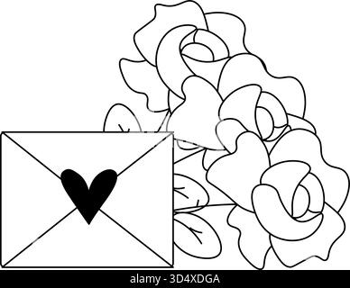 Enveloppe scellée blanche avec un coeur dessus et roses composition de Saint-Valentin. Illustration de ligne graphique vectorielle. réception ou envoi d'une lettre. Infor Illustration de Vecteur