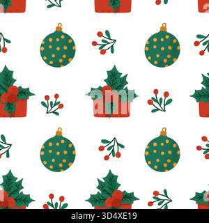 Motif de Noël sans couture vintage avec des boules vertes boîtes-cadeaux rouges Holly et baies sur fond blanc Illustration de Vecteur