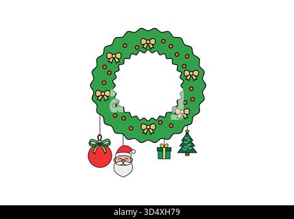 Guirlande de Noël avec boule de Noël, Père Noël, cadeau et arbre de Noël Illustration de Vecteur