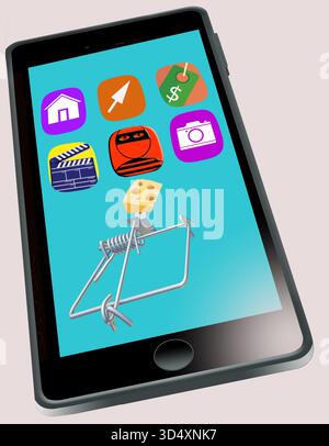 Le piège est installé et cette mauvaise application attend que vous preniez l'appât afin qu'il puisse voler vos informations. Un piège à souris et du fromage est représenté sur une cellule p Banque D'Images