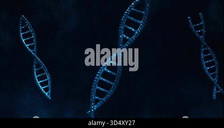 Grande hélice double ADN bleue brillante scintillante dans un champ texturé foncé, montrant des brins ressemblant à des perles Banque D'Images
