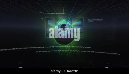 Interface holographique rotative planant dans un vide virtuel, affichant un noyau circulaire, des widgets de données Banque D'Images