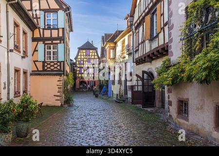 Rue pittoresque avec maisons traditionnelles à colombages, Riquewihr, Haut-Rhin, Grand est, France Banque D'Images