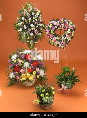 Groupe d'arrangements de panier de fleurs de cadeau Banque D'Images