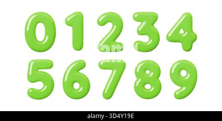 Numéros de ballon vert 3D avec texture brillante et reflets doux. Numéros 3D verts et conception de police brillante pour une décoration ludique et moderne Illustration de Vecteur